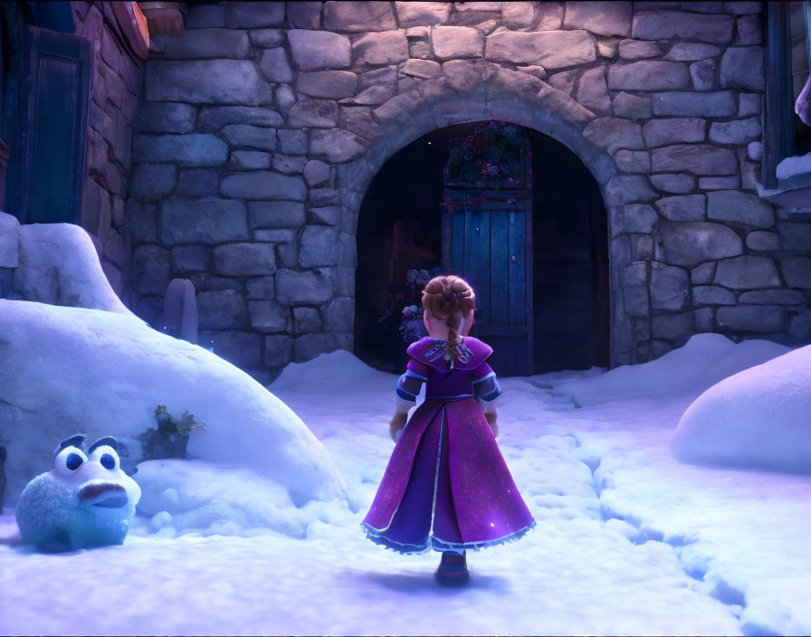 Young girl in purple cloak stands in snow near stone doorway with whimsical snow creature at night