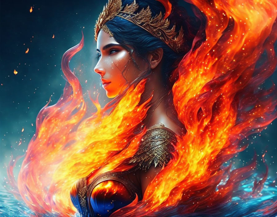 Digital artwork of woman with crown surrounded by vibrant flames