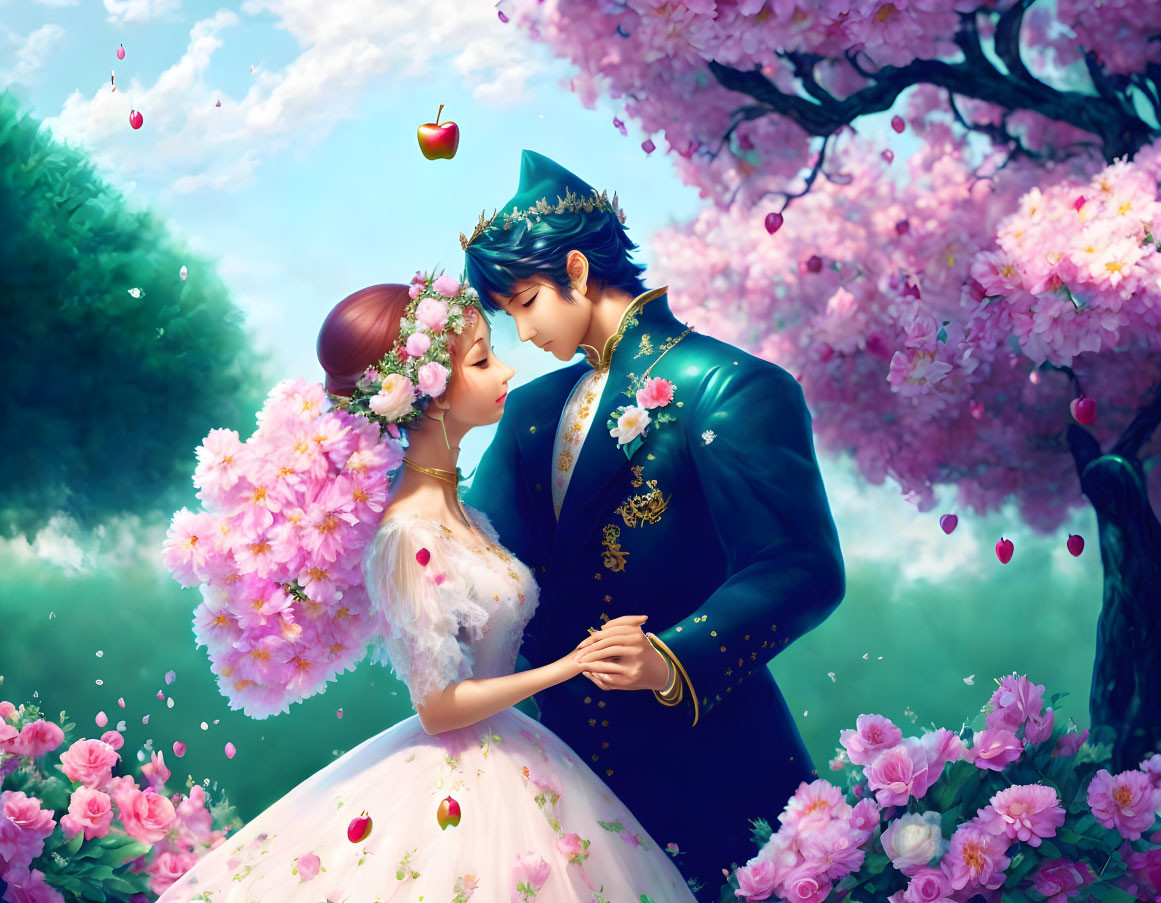 Romantic animated couple under blossoming tree with petals and blue sky