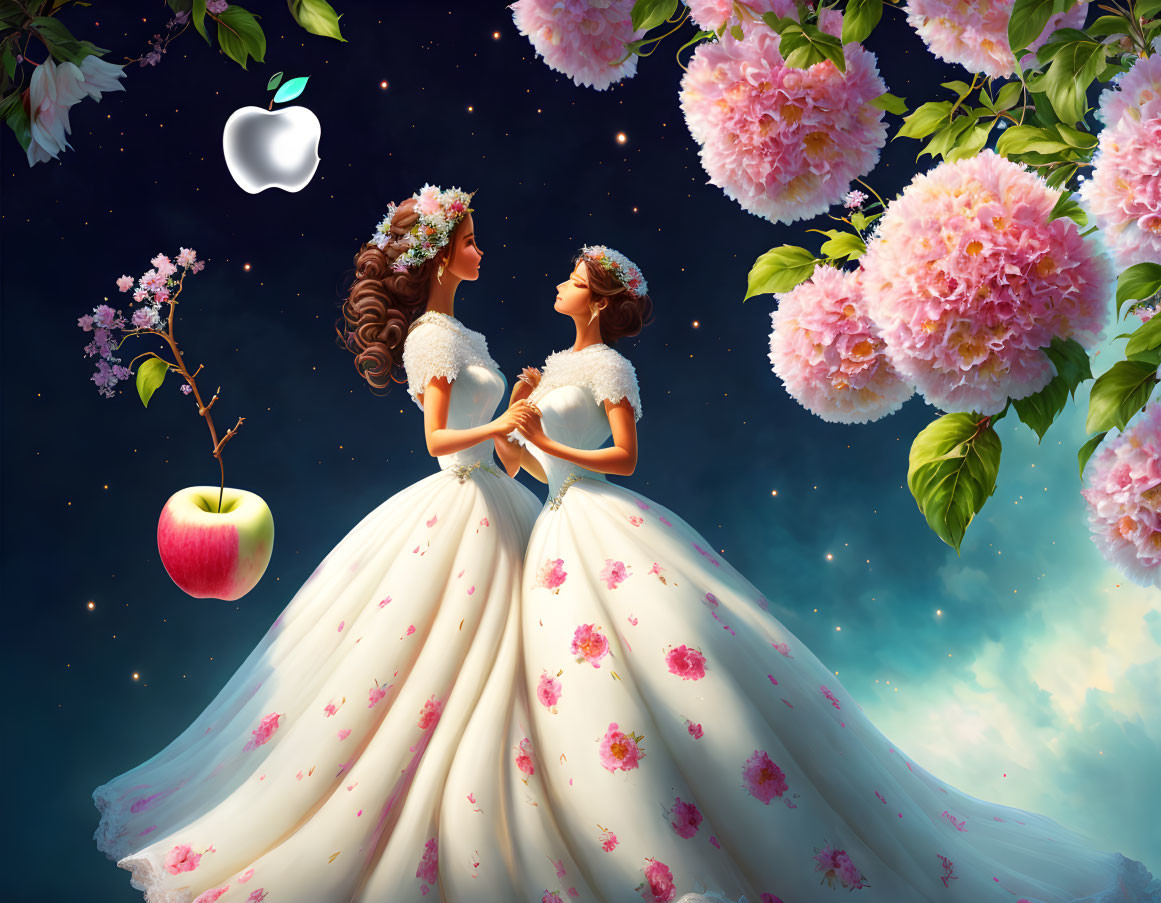 Two women in floral dresses under blossoming branches with an apple, starry sky background