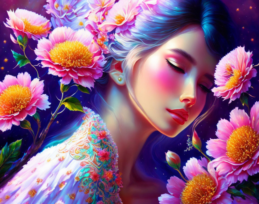 Woman with Blue Hair Surrounded by Pink Flowers and Luminous Aura