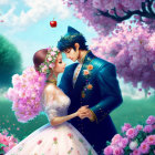 Romantic animated couple under blossoming tree with petals and blue sky