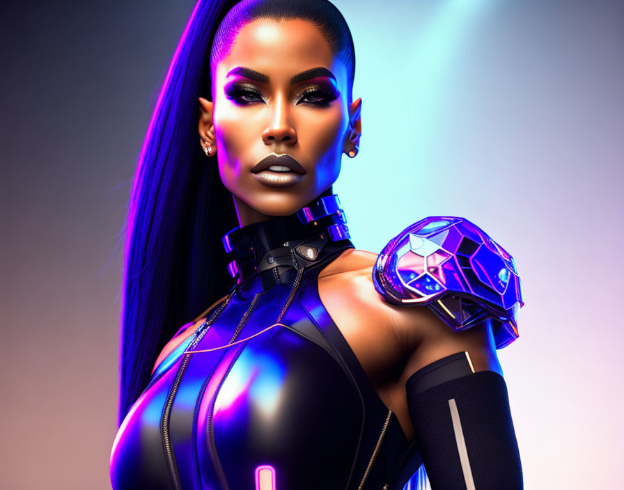 Futuristic woman in glossy sci-fi armor on gradient background