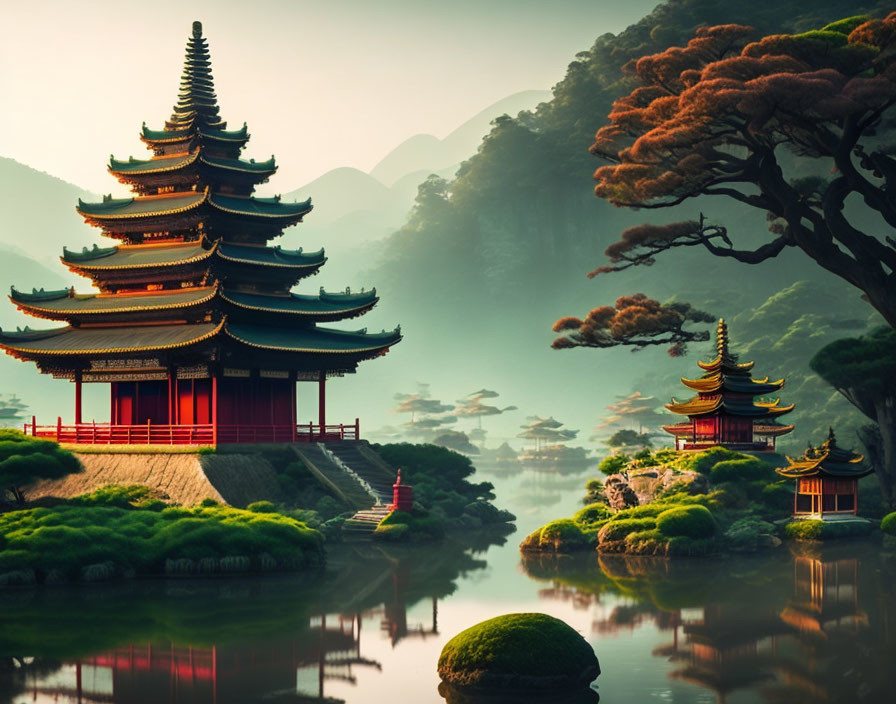 Japanese pagodas in serene landscape with misty mountains