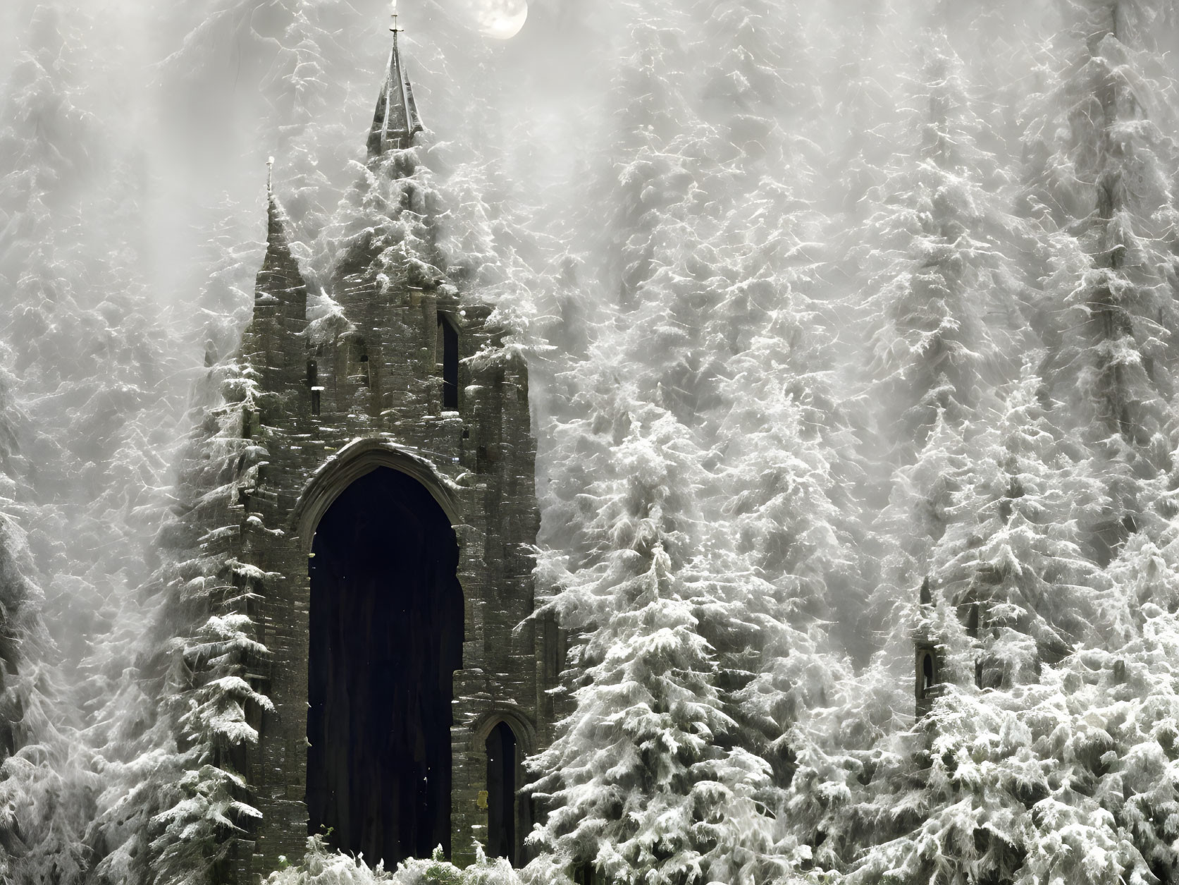 Stone Gothic Tower in Snow-Covered Forest with Sun Peeking through Mist