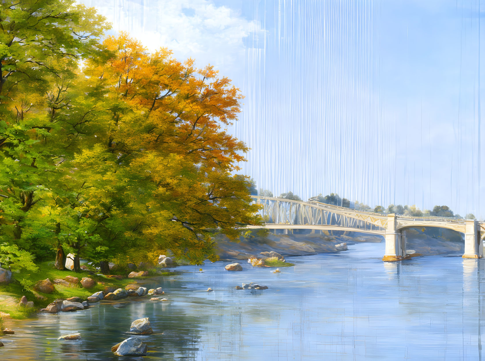 Tranquil painting of bridge over calm river in autumn