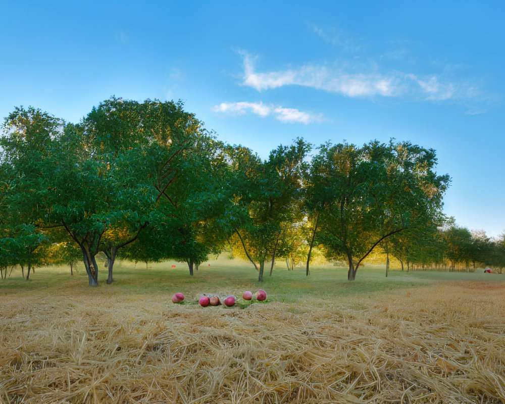 Tranquil orchard with ripe apples, hay, and clear sky at sunrise or sunset