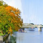 Tranquil painting of bridge over calm river in autumn