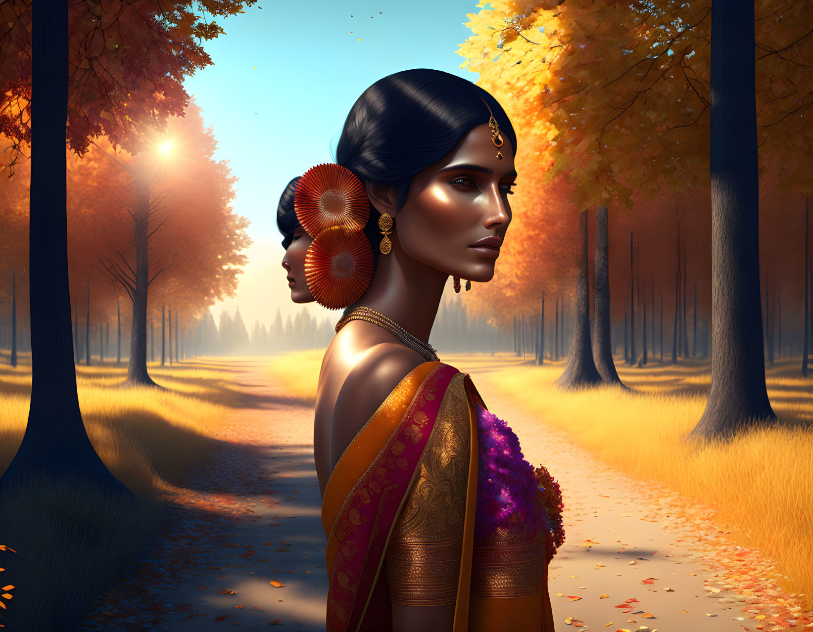 Traditional Indian Attire Woman with Floral Hair Accessory in Autumn Park at Sunset