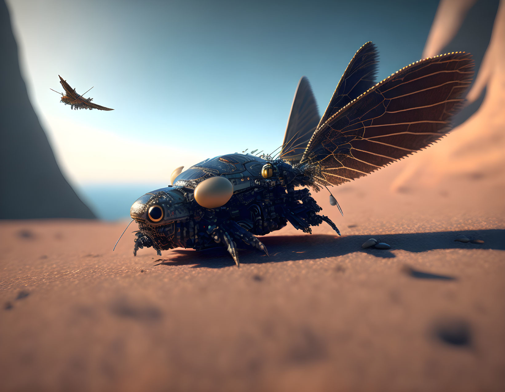 Intricate mechanical insect on barren landscape with flying shadowy figure