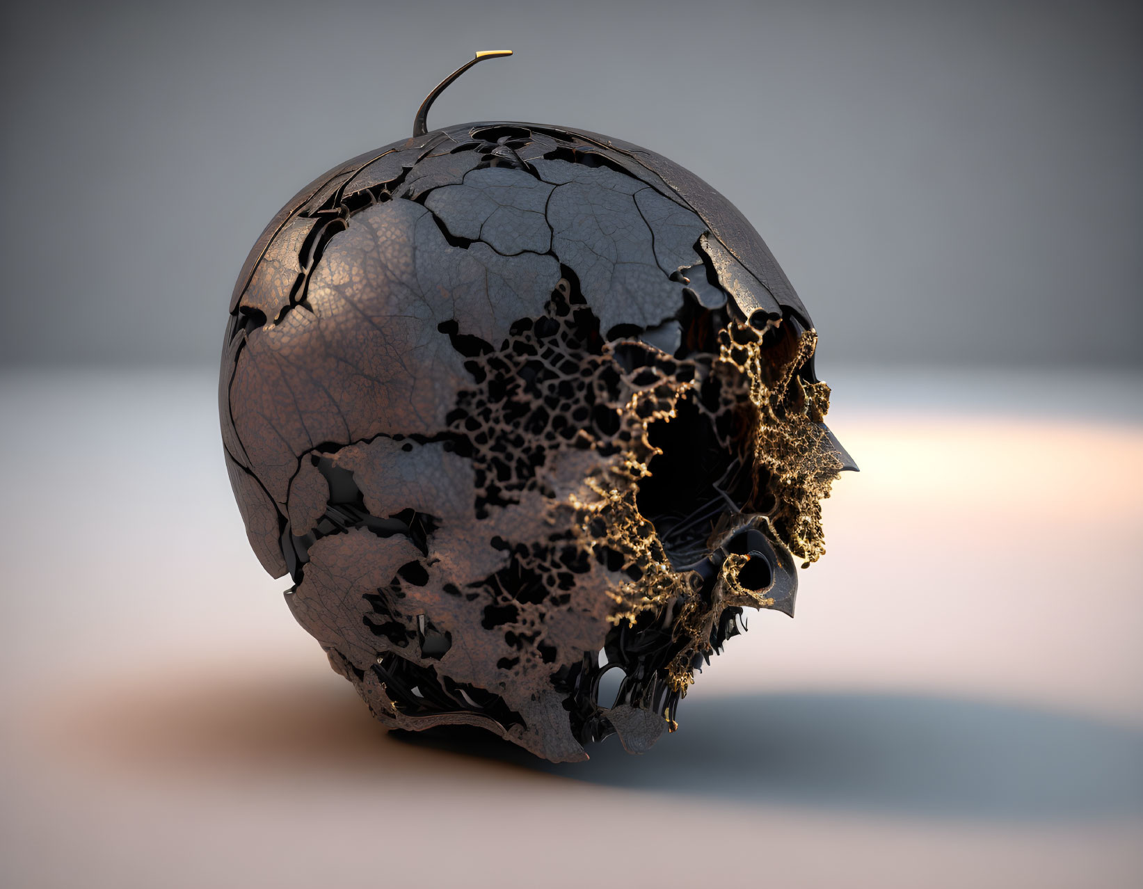 Digital artwork of cracked metallic spherical object with glowing fractures