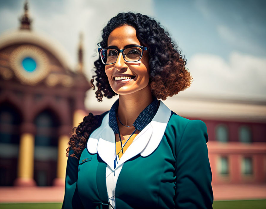 Curly-Haired Woman in Green Blazer and Glasses Outdoors with Historic Building