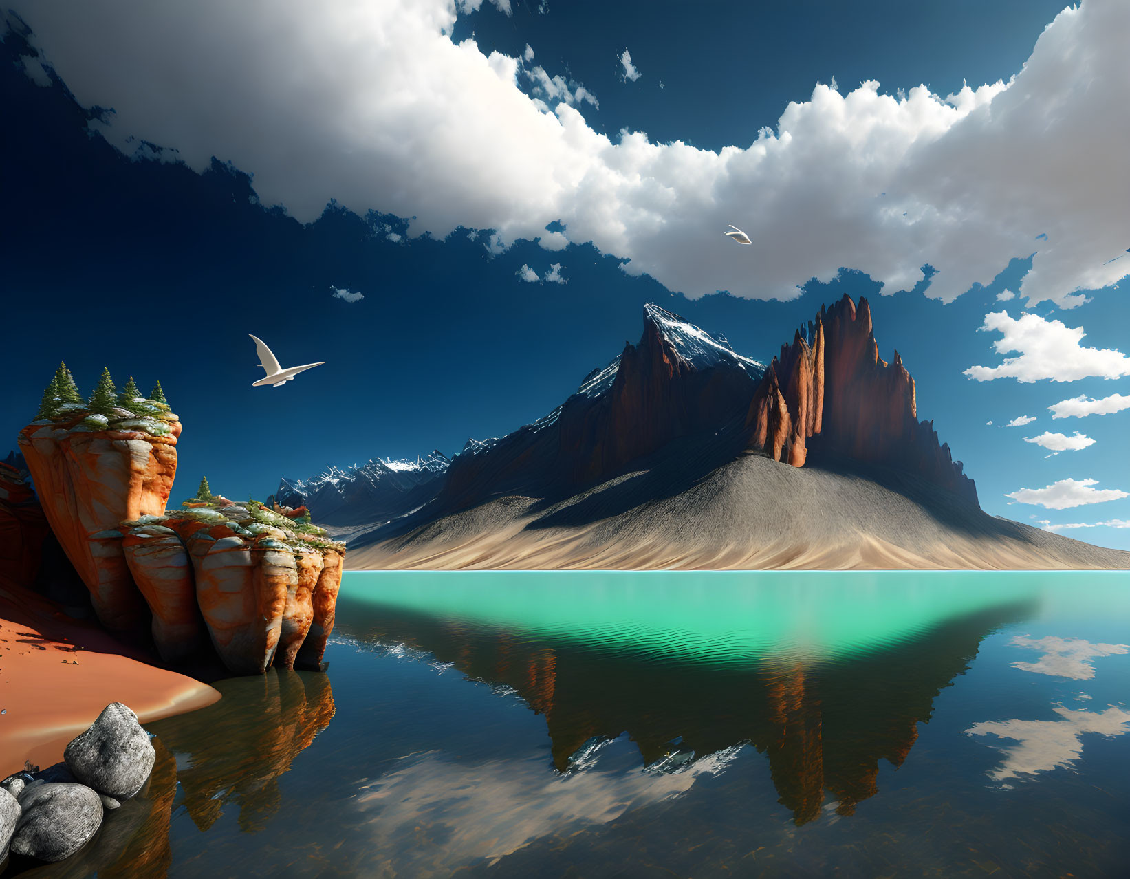 Tranquil landscape with red mountains, turquoise lake, and soaring birds