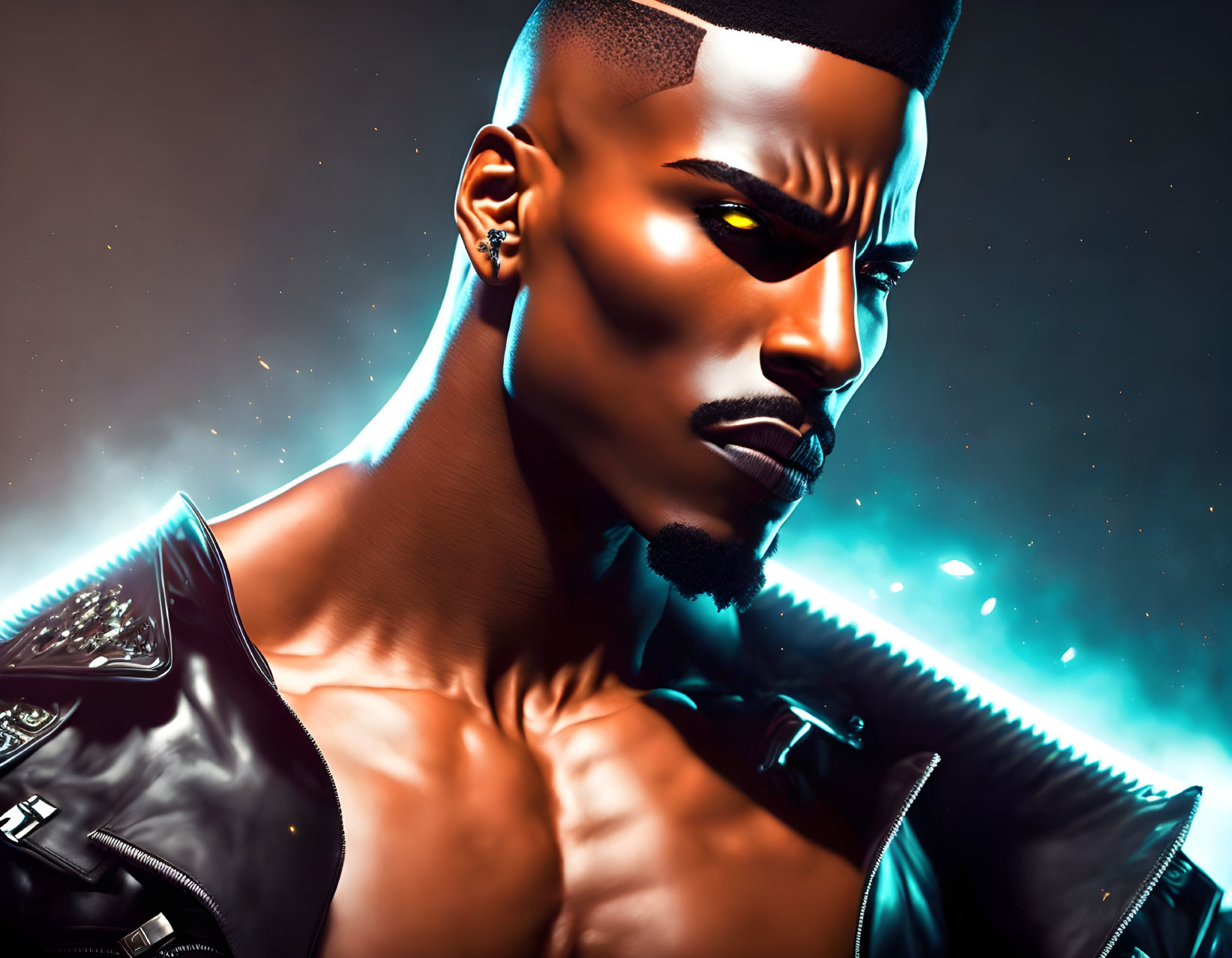 Futuristic digital portrait with glowing eyes and neon accents