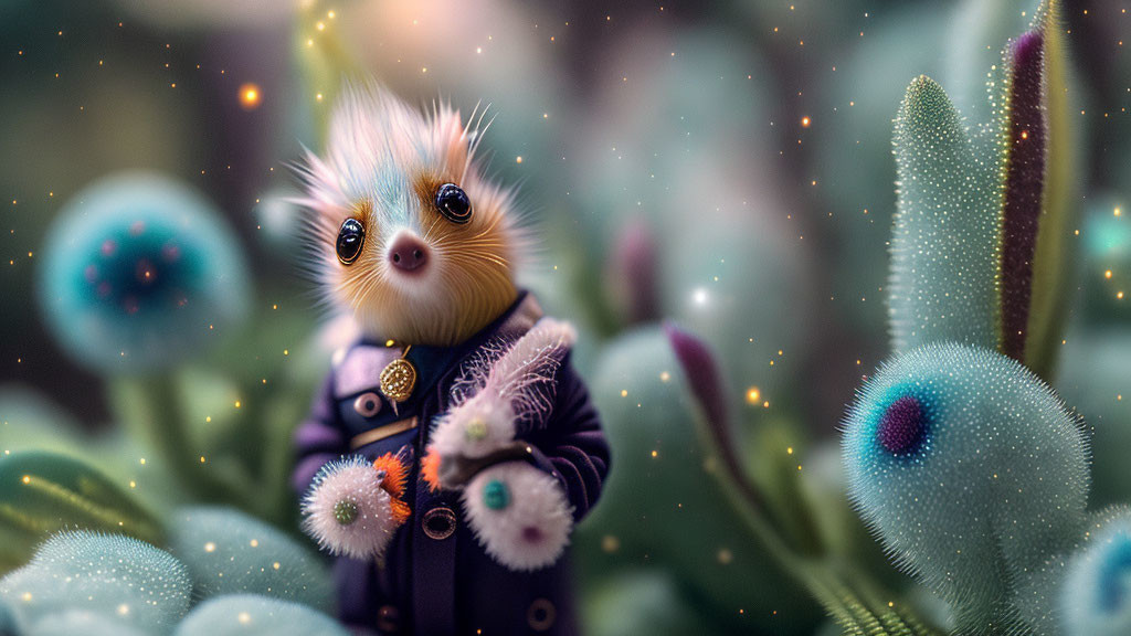 Fluffy Fur Creature in Coat Among Vibrant Fantasy Plants