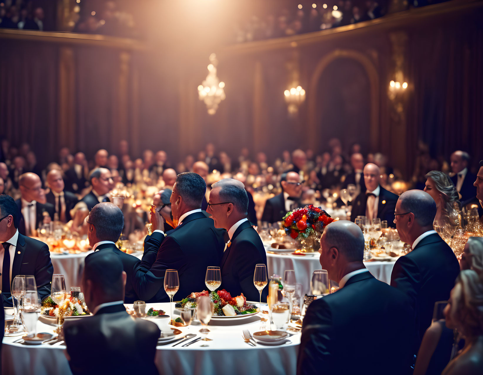 Luxurious Gala Dinner in Elegant Hall with Formal Guests and Floral Decor