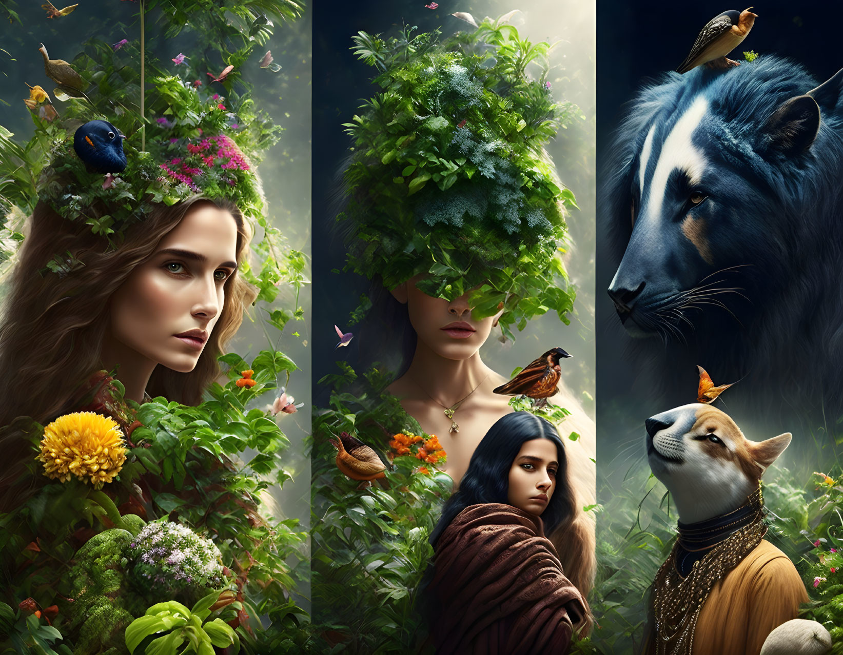 Surreal portraits blending women with nature and animals