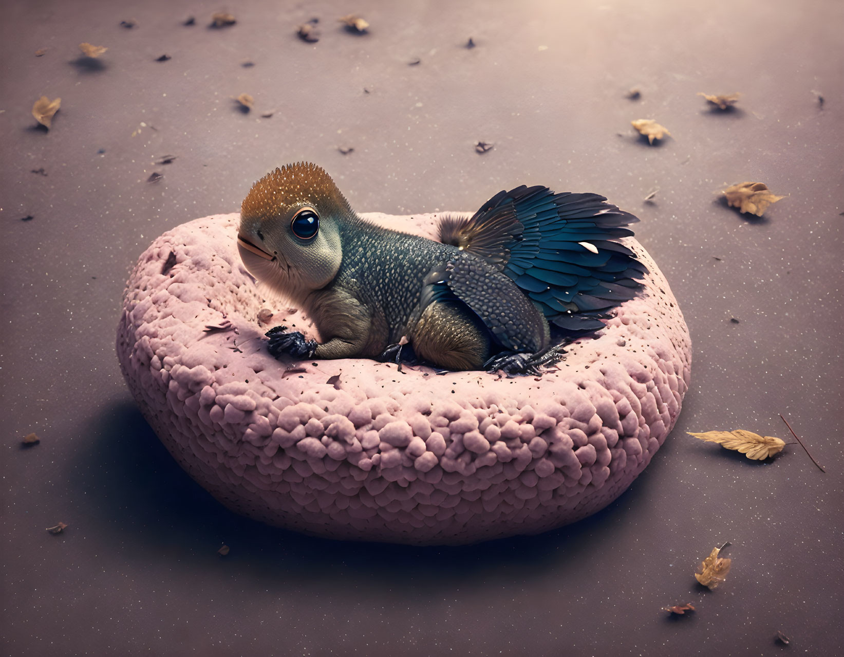 Fantastical creature with bird wings and squirrel body on pink doughnut cushion surrounded by leaves