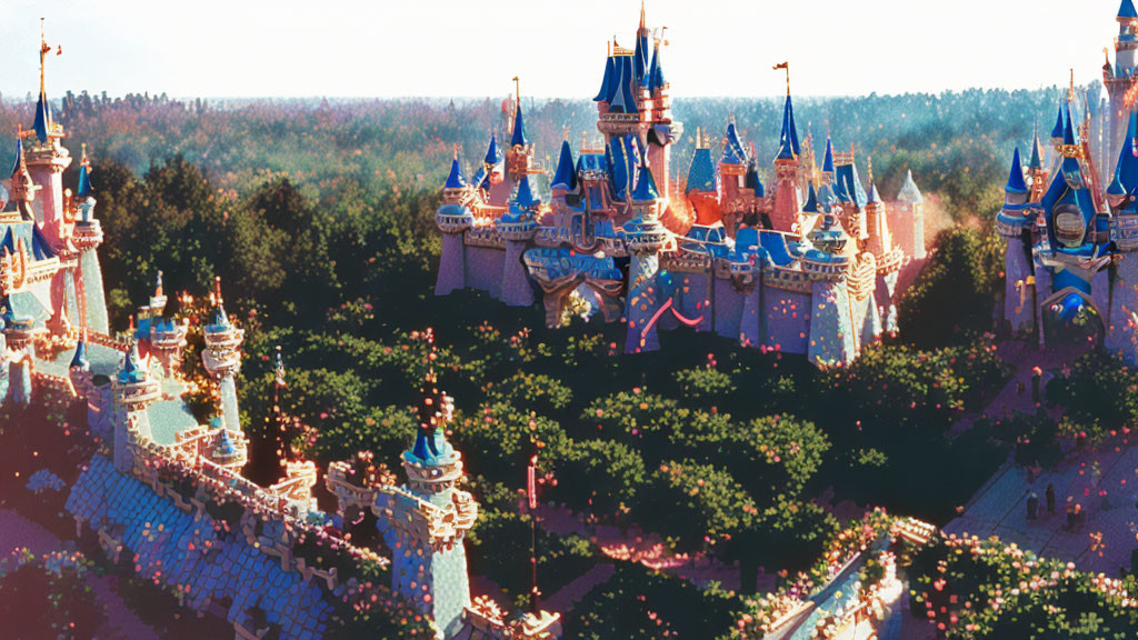 Majestic castle with spires and towers in forest clearing