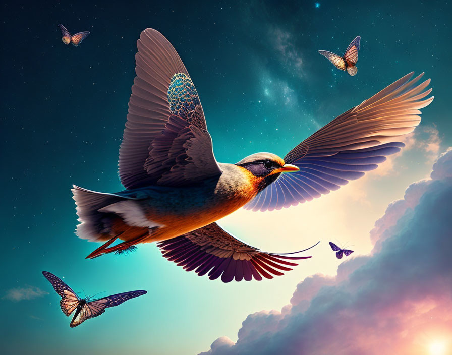 Colorful digital artwork: stylized bird flying with butterflies in twilight sky