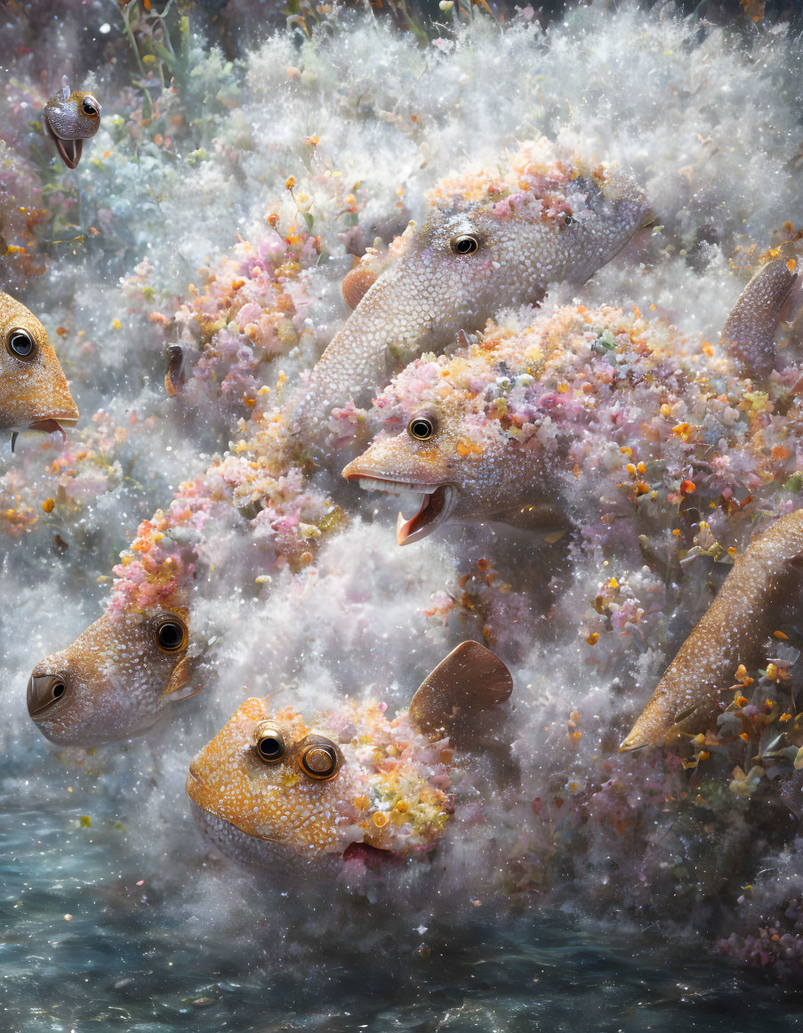 Colorful Fish and Flowers in Textured Underwater Scene