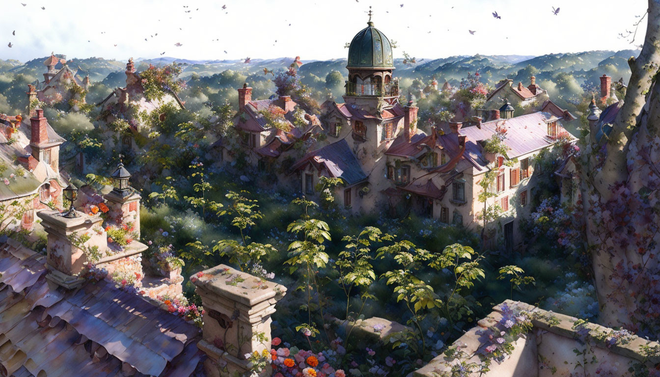 Overgrown town with green dome, lush foliage, flowers, and birds