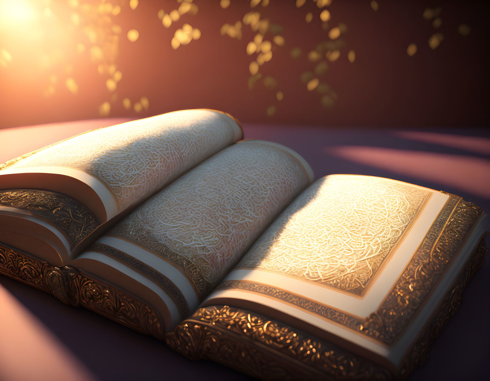 Intricate golden open book in warm sunlight