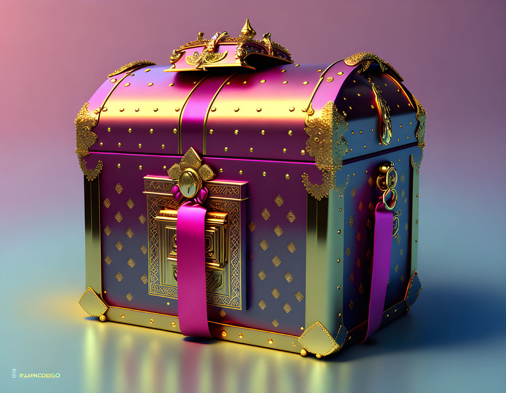 Ornate 3D-rendered treasure chest with gold accents and keyhole