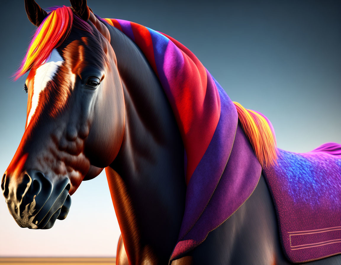 Colorful Horse Digital Illustration with Textured Blanket in Sunset Sky