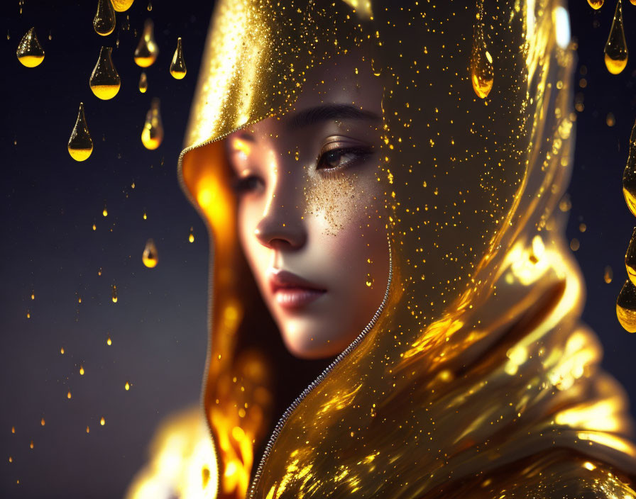 Digital art portrait: Woman with glowing golden hood, luminous teardrops, dark background