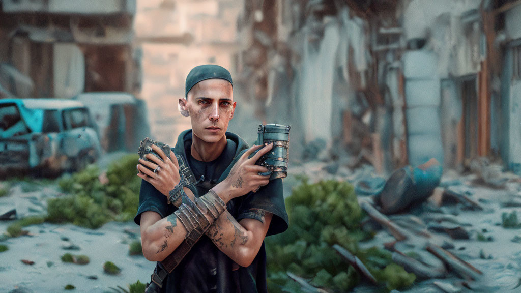 Tattooed person holding camera lens in urban ruins with contemplative expression