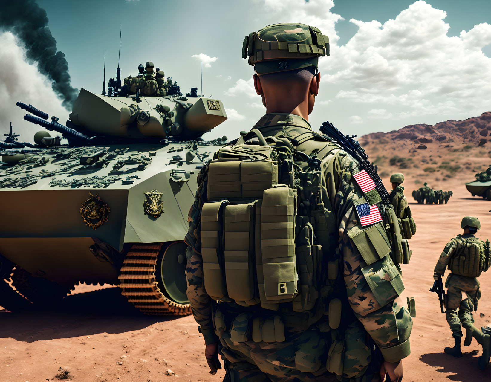 Soldier in camo gear with tanks and armed personnel in desert military scene