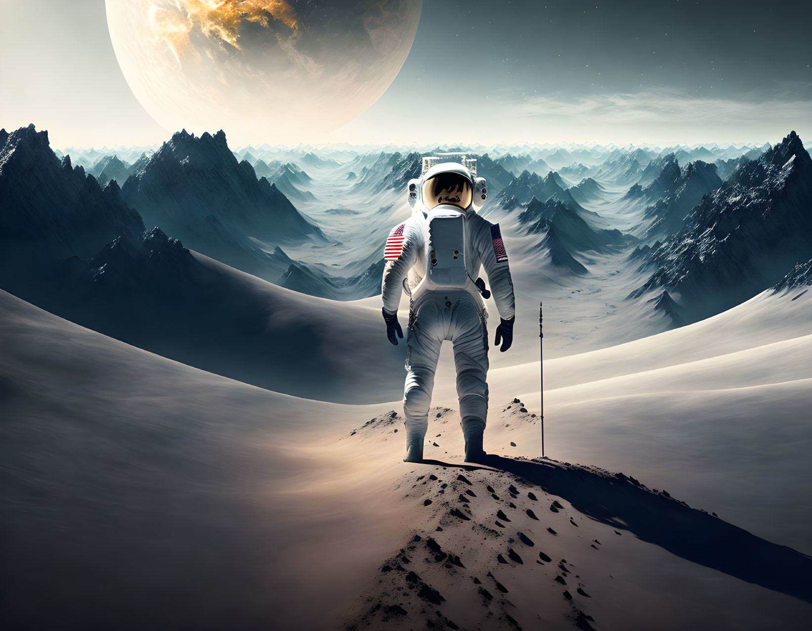 Astronaut on rugged alien landscape with looming planet