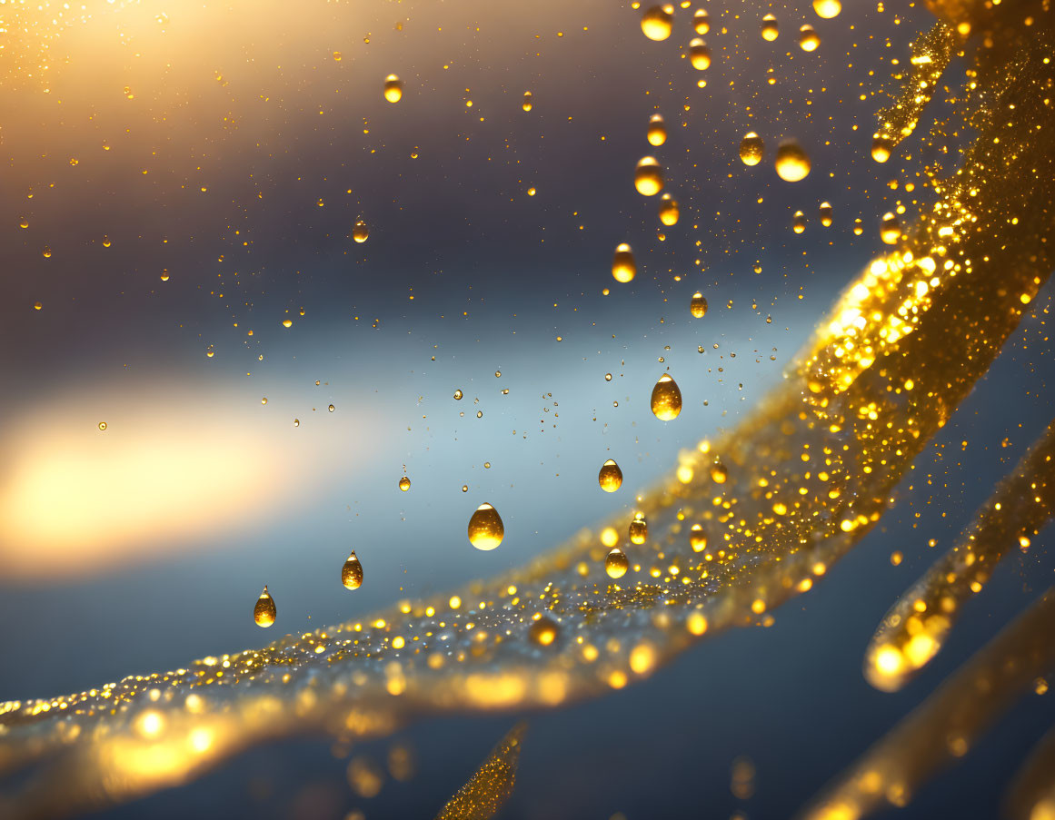 Shimmering golden water droplets on blurred blue backdrop