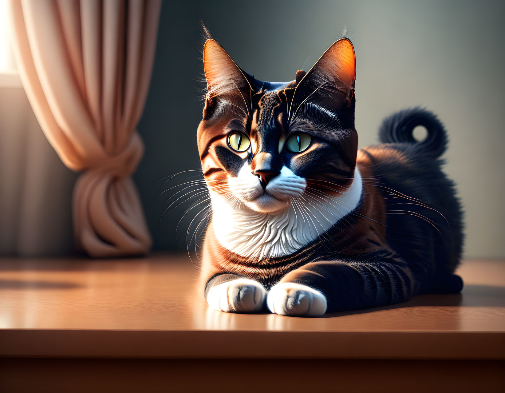 Brown and Black Striped Cat Resting on Wooden Surface in Sunlight