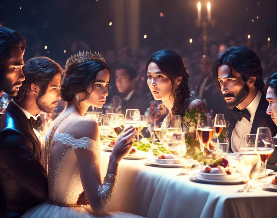 Sophisticated banquet scene with guests in formal attire, featuring a woman in a tiara under soft