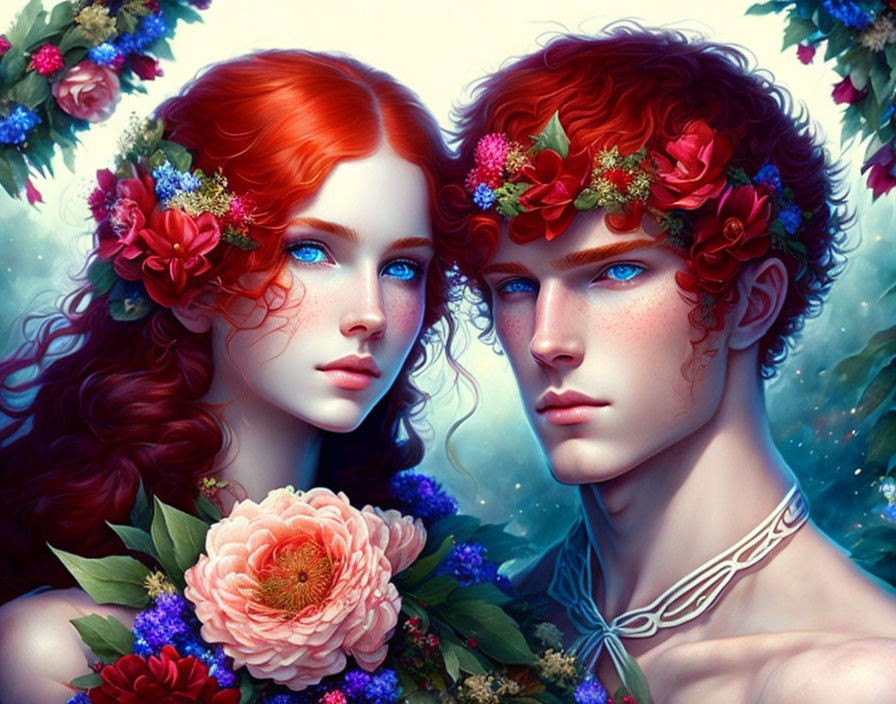 Vibrant red-haired woman and man in floral wreaths against blue flower backdrop