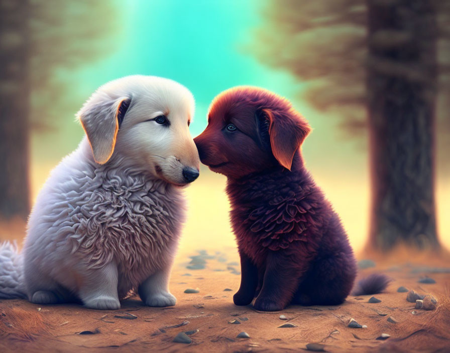 Fluffy white and brown puppies in forest setting