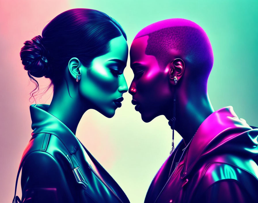 Vibrant neon colors stylize man and woman in digital image.