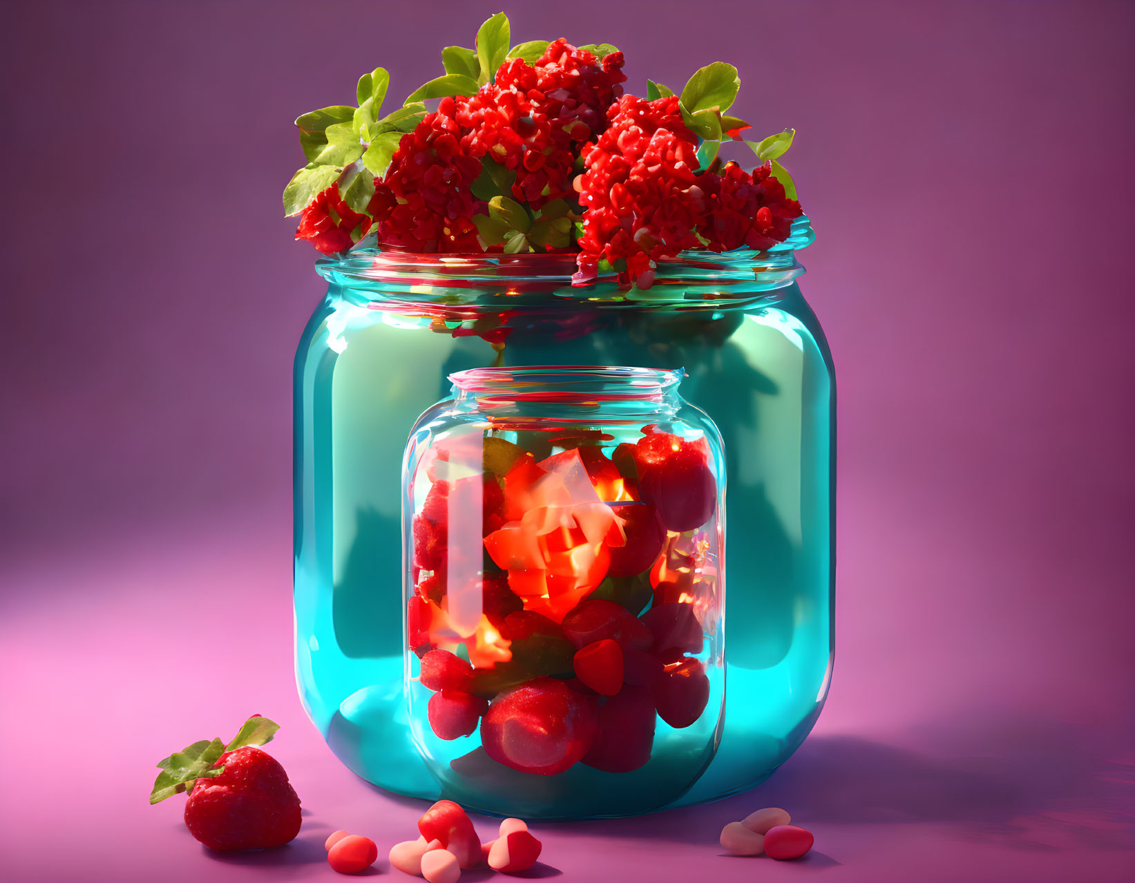 Colorful Glass Jar with Strawberries, Candies, and Red Flowers on Purple Background