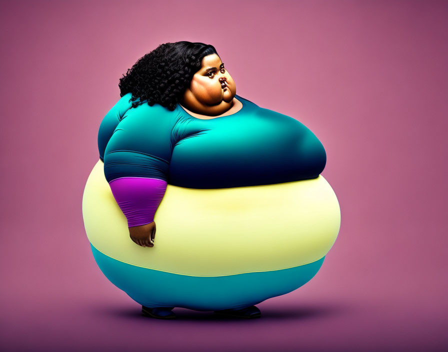 Illustration of overweight person in blue shirt and purple pants on pink background