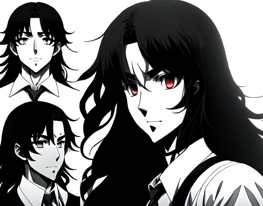 Monochrome illustration of character with long black hair and red eyes, two smaller figures in background