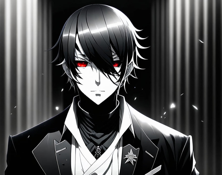 Black-Haired Animated Character in Dark Suit with Red Eyes and Star Badge