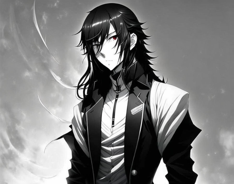 Illustrated character: Long black hair, red eyes, suit, monochrome sky backdrop.