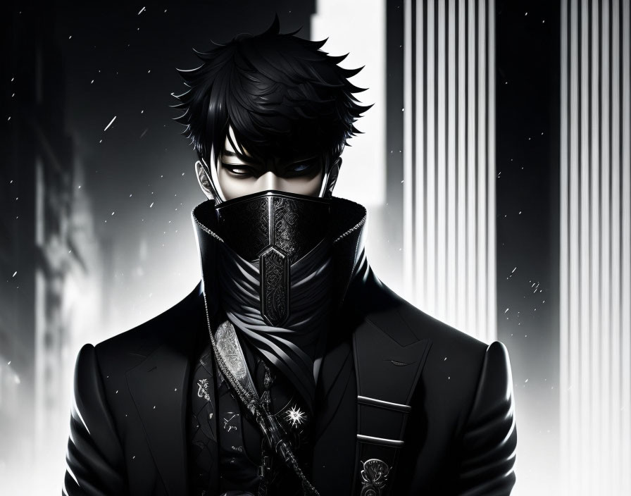 Man with Spiky Black Hair in Black Suit and Mask on Monochrome Background