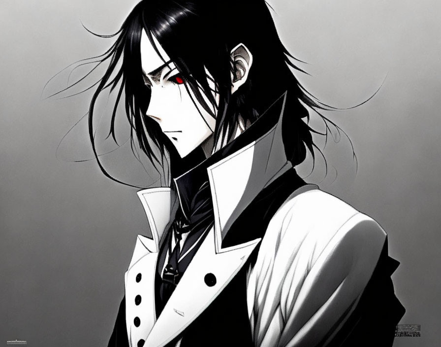 Monochromatic animated character with black hair, white coat, and red eye