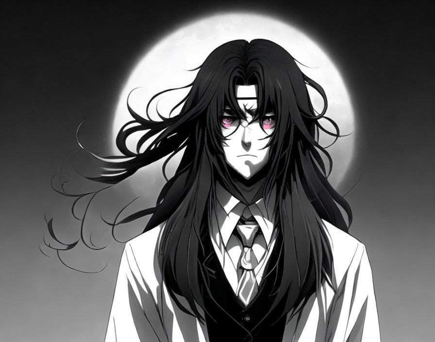 Illustrated character with long black hair and red eyes in a suit under a full moon