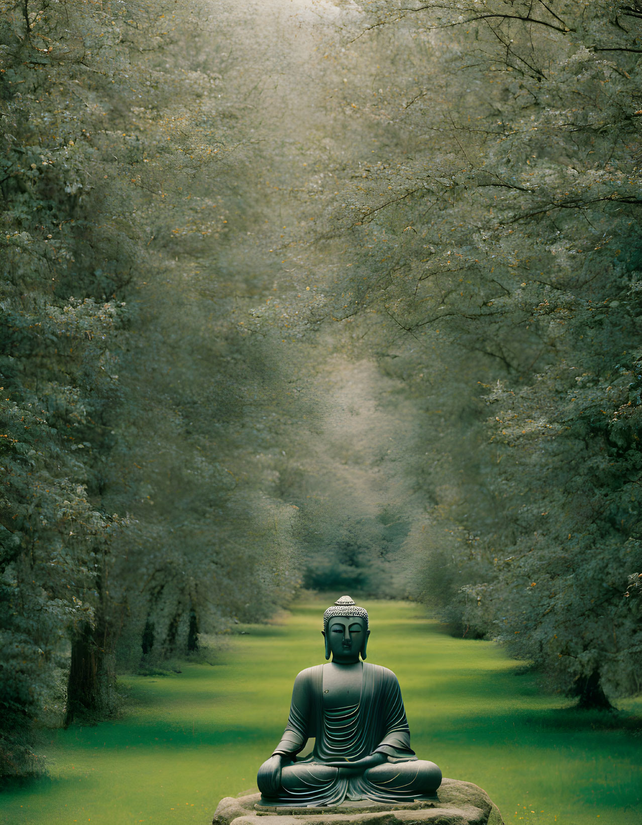 Tranquil Buddha statue in serene forest setting