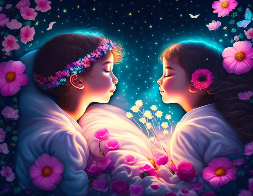 Children sleeping in fantasy flower and starry sky backdrop with fluttering butterflies