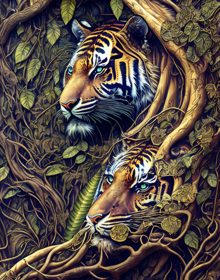 Two tigers camouflaged in lush jungle setting with intricate vines and leaves in rich colors.